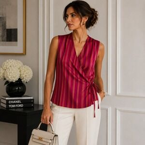 Vintage Alain Manoukian Silk Wrap Blouse Womens 14 Pink Stripe Y2K Artwear